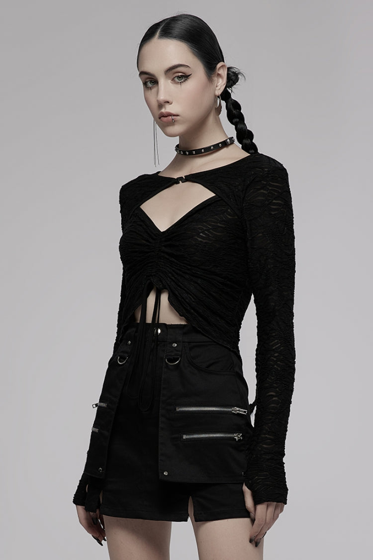 Black V Collar Long Sleeves Hollow Slim Women's Punk Blouse - Product - 2