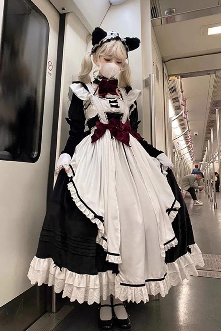 White/Black Apron Maid Ruffle Gothic Princess Lolita Jsk Dress Set - Product - 2