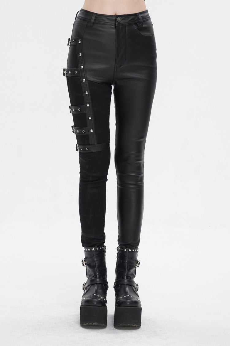 Black Tight Leather Multi Buckle Splice Women's Punk Pants - Black - 1