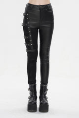 Black Tight Leather Multi Buckle Splice Women's Punk Pants - Black - 1