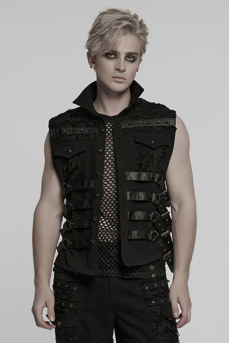 Black Stitching Mesh Rivet Buckle Men's Punk Vest - Black - 1