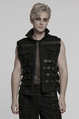 Black Stitching Mesh Rivet Buckle Men's Punk Vest - Black - 1