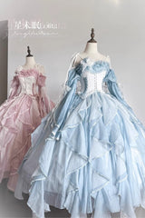 [Praise of the Flower Goddess] Off Shoulder Ruffle Hanayome Bowknot Lace Fishbone Sweet Lolita Jsk Dress 2 Colors - Blue - 4
