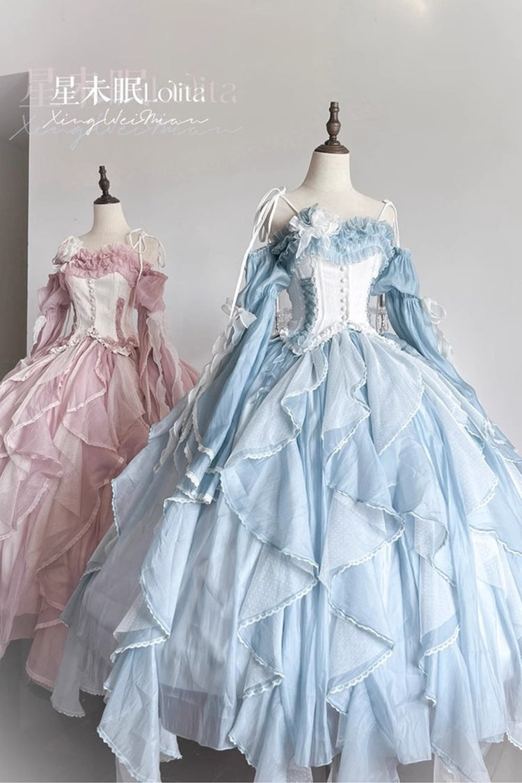 [Praise of the Flower Goddess] Off Shoulder Ruffle Hanayome Bowknot Lace Fishbone Sweet Lolita Jsk Dress 2 Colors - Blue - 4