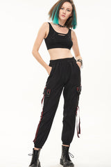 Black Punk Casual Skull Webbing Decoration Women's Long Pants - Product - 9