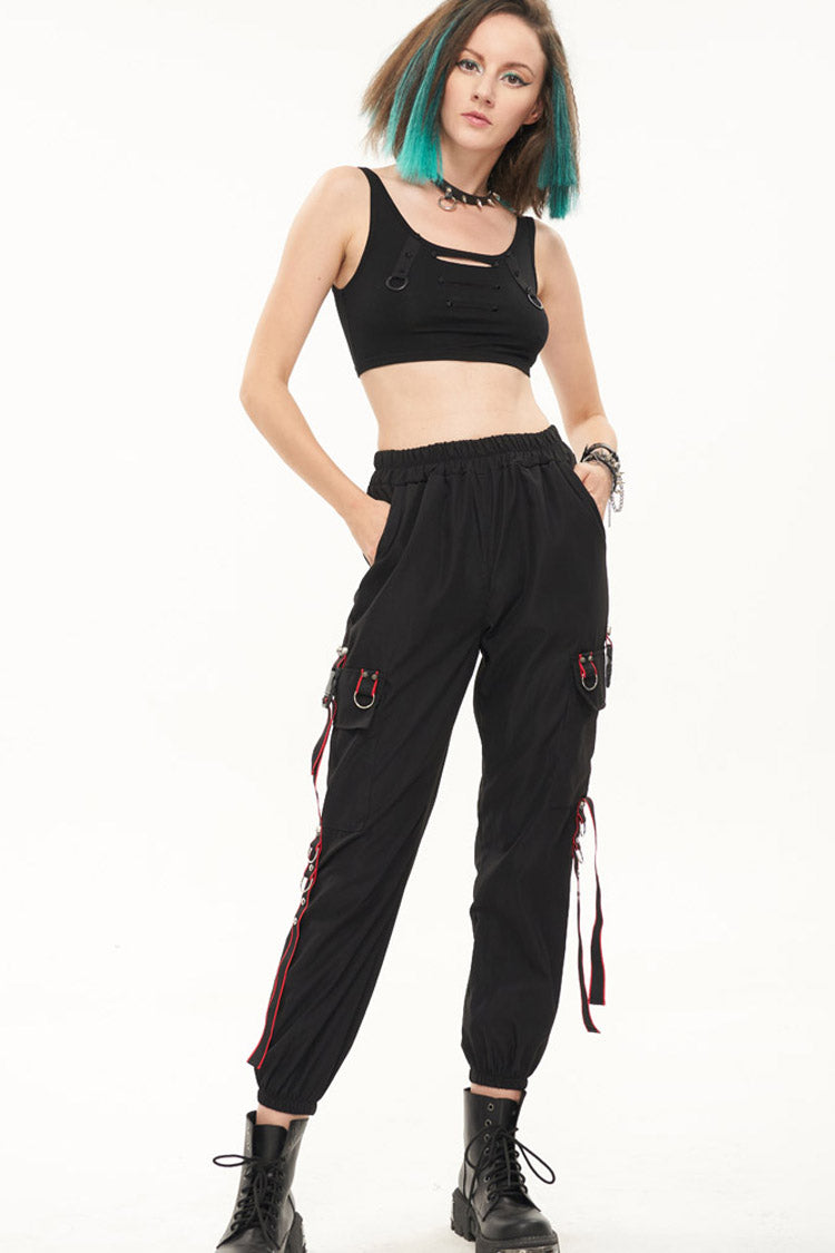 Black Punk Casual Skull Webbing Decoration Women's Long Pants - Product - 9