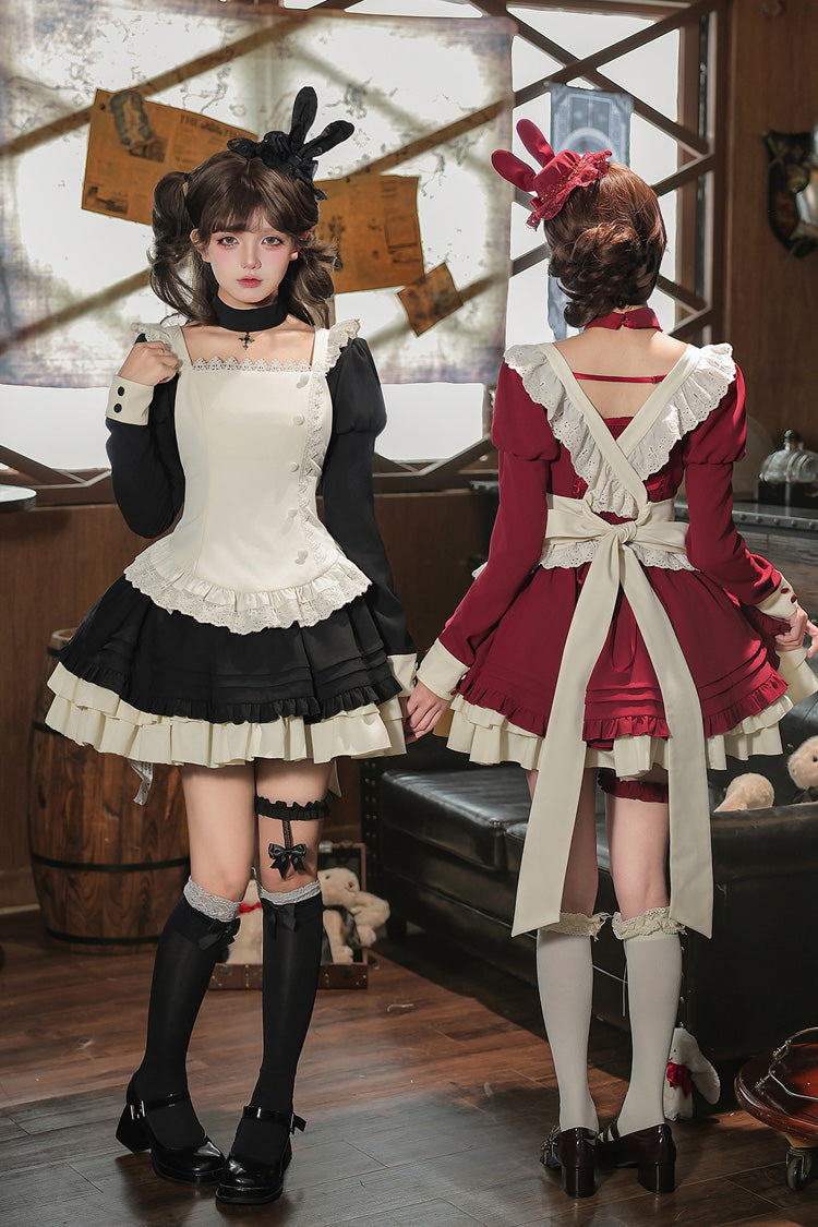 [Liya] Square Collar Long Lantern Sleeves Multi-Layered Ruffled Classic Elegant Lolita Dress 2 Colors (Black, Red) - Product - 12