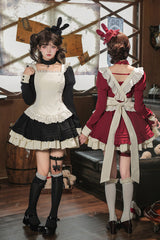 [Liya] Square Collar Long Lantern Sleeves Multi-Layered Ruffled Classic Elegant Lolita Dress 2 Colors (Black, Red) - Product - 12