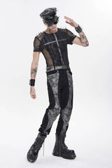 Black Round Collar Long Sleeves Spliced Slim Mesh Studded Eyelet Men's Punk T-Shirt - Product - 10