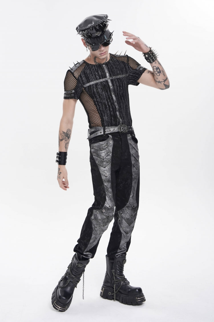 Black Round Collar Long Sleeves Spliced Slim Mesh Studded Eyelet Men's Punk T-Shirt - Product - 10