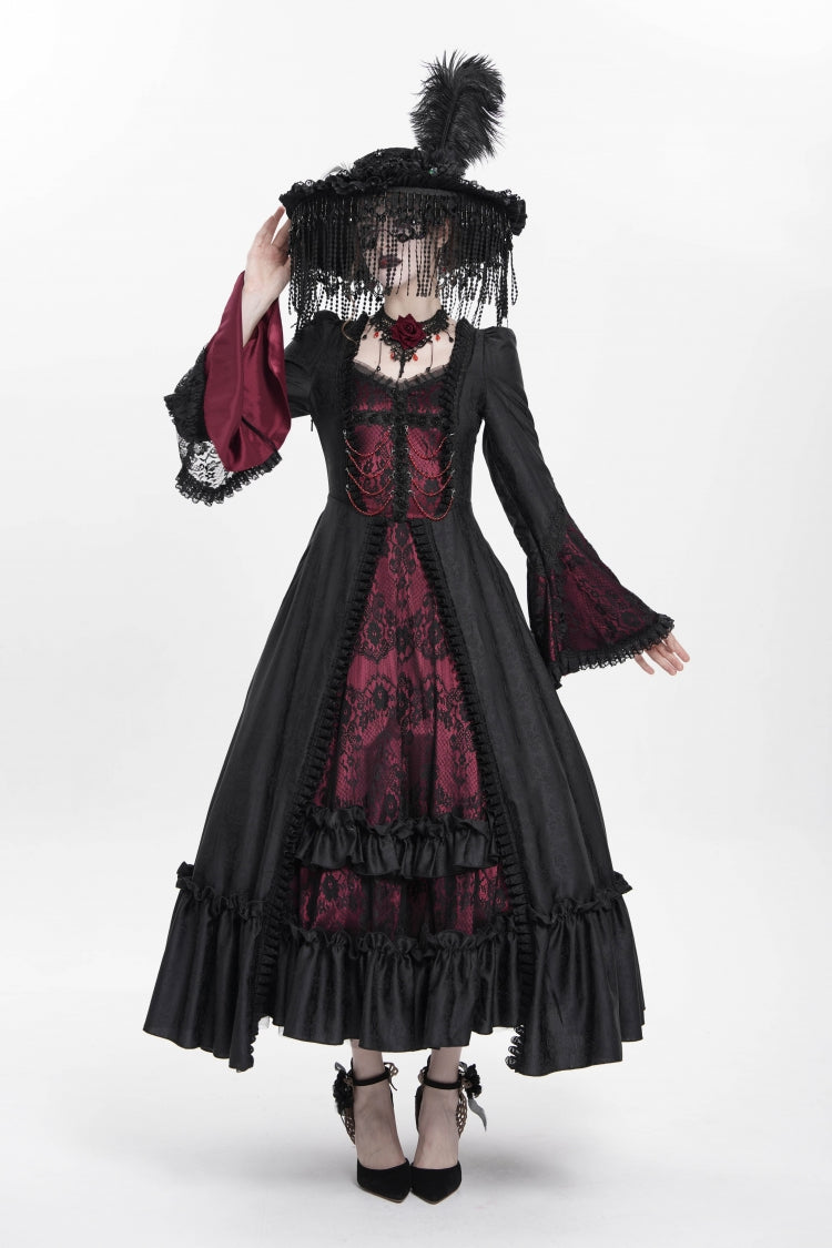 Red Long Sleeves Floral Embroidery Lace-Up Pleated Women's Gothic Dress - Product - 6
