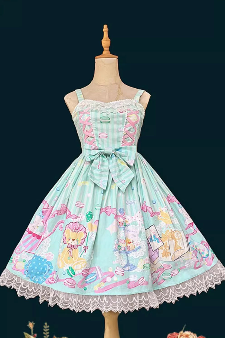[Macaron Dolly House] Sleeveless Print Bowknot Lace-Up Sweet Lolita Jsk Dress 3 Colors - Green - 8