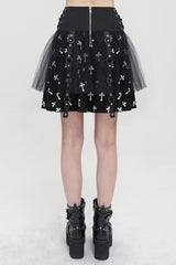 Black/White Knitted Fabric Cross Print Side Waist Straps Detachable Metal Chain Women's Punk Skirt - Product - 3