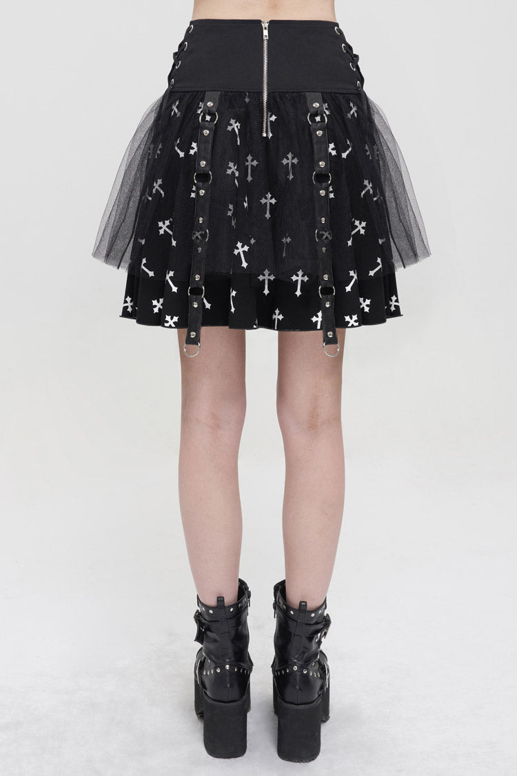 Black/White Knitted Fabric Cross Print Side Waist Straps Detachable Metal Chain Women's Punk Skirt - Product - 3