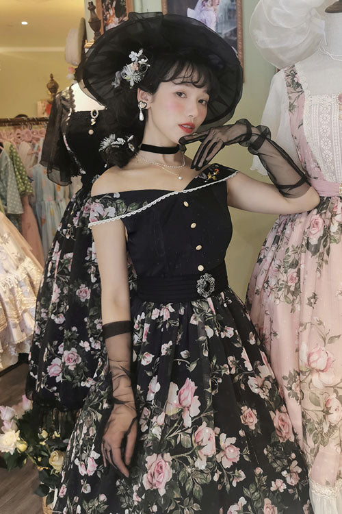 Black Elegant Vintage French Rose Floral Print V Collar Sleeveless Ruffled Classic Lolita JSK Dress - Product - 2