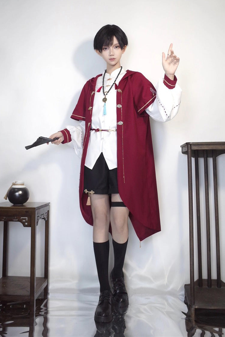 Red/White/Black Stand Collar Long Sleeves Rabbit Ears Hooded Sweet Chinese Style Prince Ouji Lolita Robe Blouse Shorts Set - Product - 4