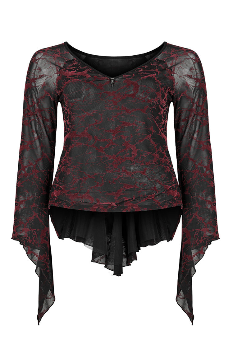 Red V Neck Stretch Mesh Fabric Abstract Pattern Design Flared Cuffs Women's Plus Size Gothic T-Shirt - Product - 5