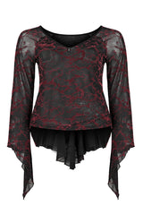 Red V Neck Stretch Mesh Fabric Abstract Pattern Design Flared Cuffs Women's Plus Size Gothic T-Shirt - Product - 5