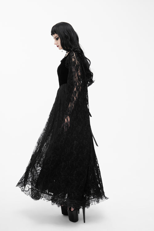 Black Feather And Flowers Off Collar Sexy Long Velvet Womens Gothic Dress With Lace Shawl - Product - 5