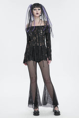 Black Elastic Ripped One Shoulder Rope Style Halter Neck Long Sleeves Women's Gothic T-Shirt - Product - 2
