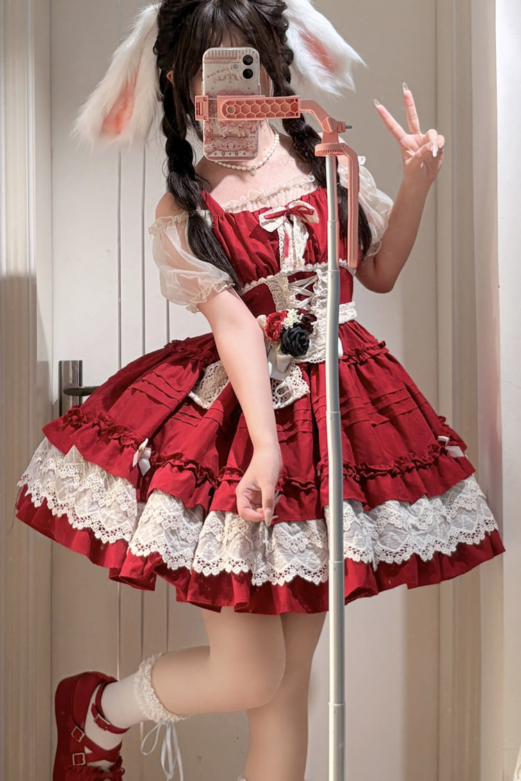 Red [Vivian] Off Shoulder Short Sleeves Ruffle Bowknot Lace Sweet Princess Lolita Dress - Product - 4