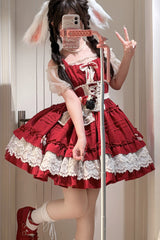 Red [Vivian] Off Shoulder Short Sleeves Ruffle Bowknot Lace Sweet Princess Lolita Dress - Product - 4