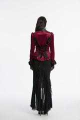 Red Lapel Collar Long Sleeves Lace-Up Slim Women's Gothic Gradient Velvet Blouse - Product - 2