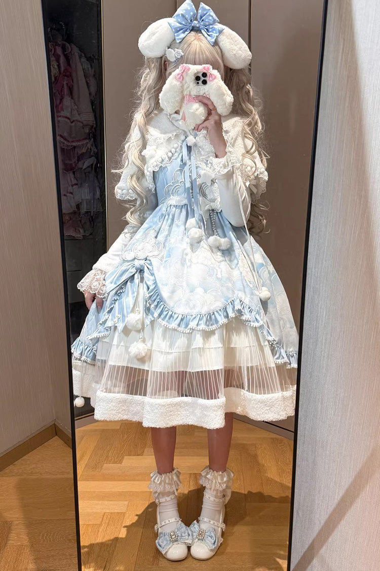 Blue [Cloud Dreamland] Cut-Out Embroidered Bow Lace Asymmetric Sweet Elegant Lolita Jsk Dress Set - Product - 2