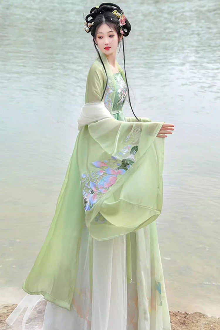 Green Tang Dynasty Long Trumpet Sleeves Print Embroidery Sweet Hanfu Dress - Product - 4