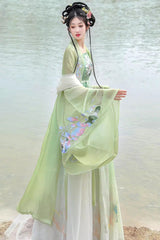 Green Tang Dynasty Long Trumpet Sleeves Print Embroidery Sweet Hanfu Dress - Product - 4