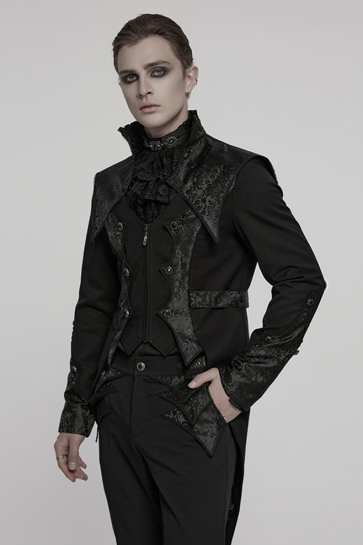 Black Stand Collar Long Sleeves Jacquard Stitching Swallow-tailed Men's Gothic Coat - Product - 2