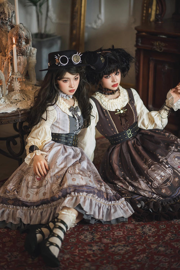Demon Hunting Notes Long Lantern Sleeves Print Ruffle Sweet Elegant Lolita Dress 2 Colors - Product - 7
