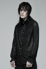 Black Stand Collar Ruffle Floral Embroidery Mens Gothic Blouse - Product - 2