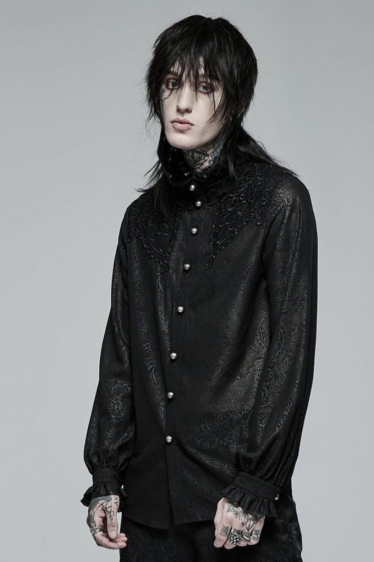 Black Stand Collar Ruffle Floral Embroidery Mens Gothic Blouse - Product - 2