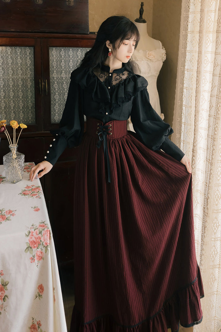Black/Red Long Sleeves High Waisted Printed Lace Gothic Vintage Lolita Long Skirt Dress Set - Product - 8
