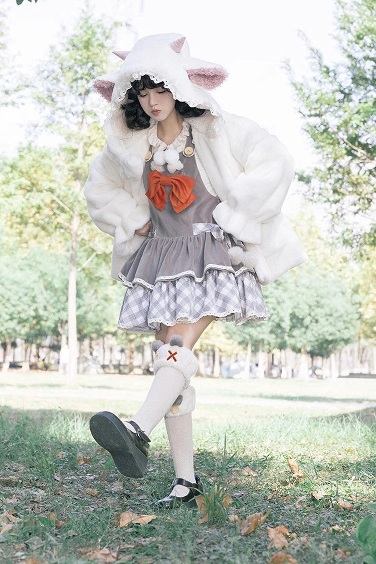 Grey Cute Grizzly Bear Plaid Print Bowknot Sweet Lolita Jsk Dress - Product - 2