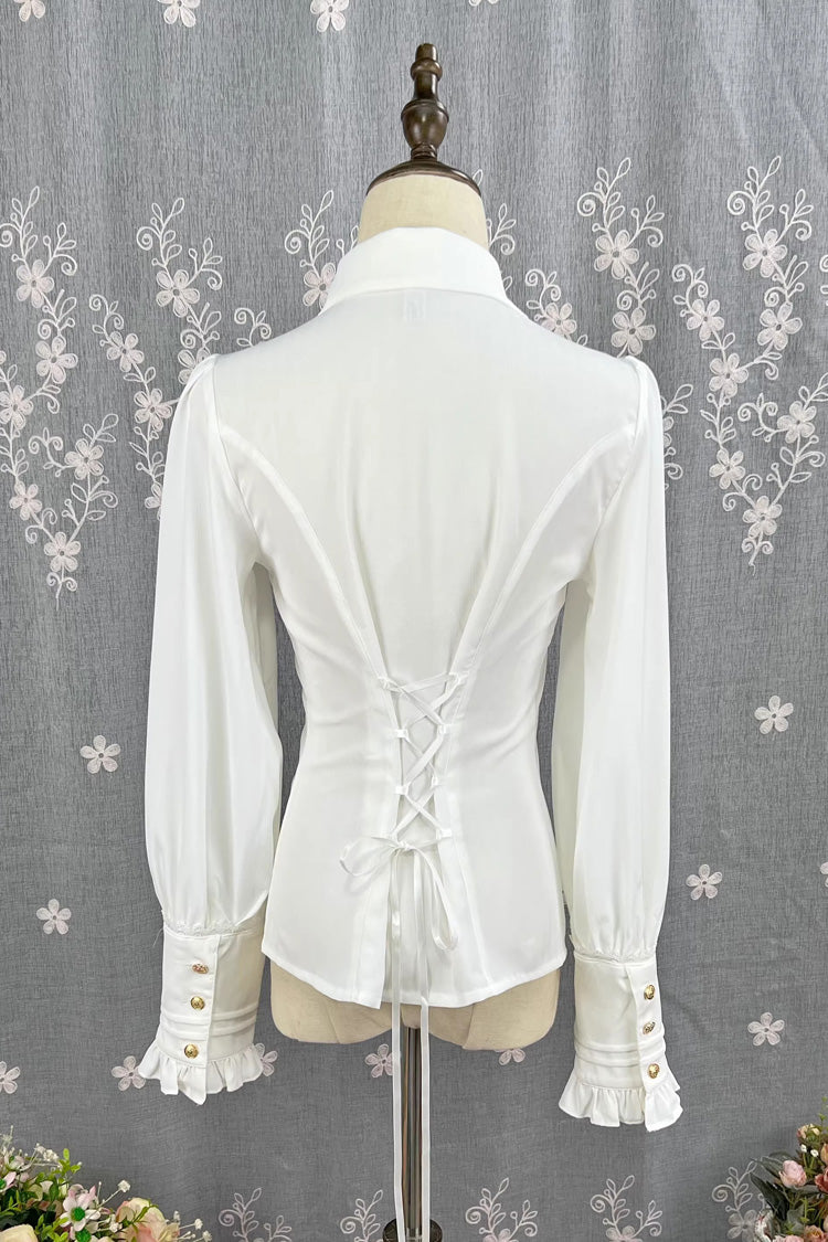 [Enchanted Dreamland] Lapel Collar Long Sleeves Ruffled Lace Slim Classic Elegant Lolita Blouse 6 Colors - Product - 3