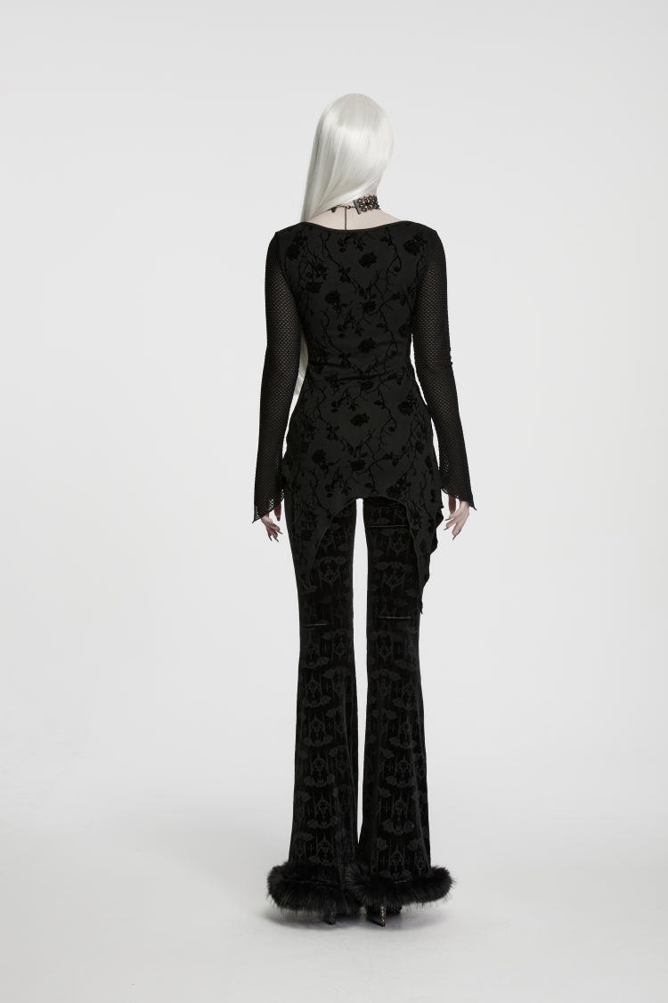 Black Round Collar Long Sleeves Jacquard Lace-Up Asymmetric Women's Gothic Elegant Top - Product - 3