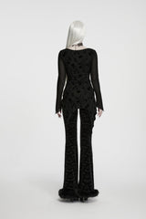 Black Round Collar Long Sleeves Jacquard Lace-Up Asymmetric Women's Gothic Elegant Top - Product - 3