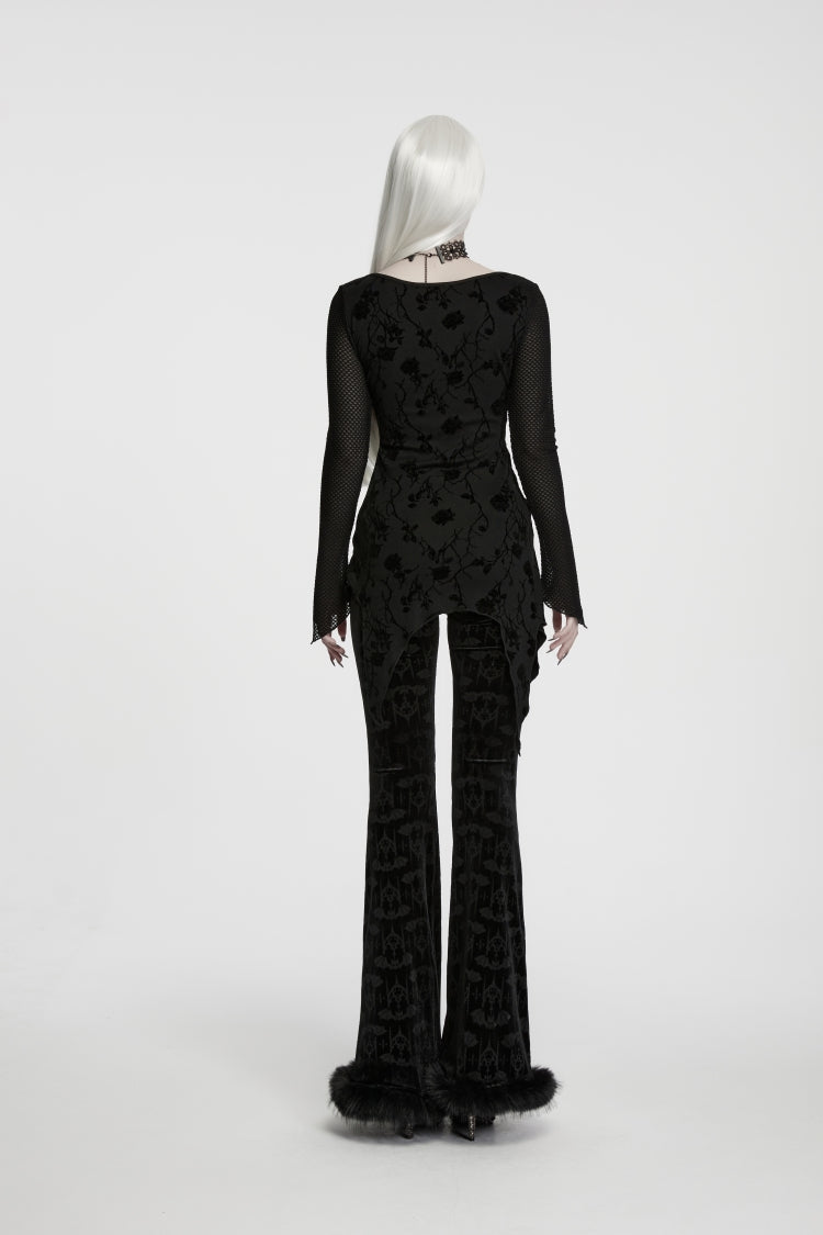 Black Round Collar Long Sleeves Jacquard Lace-Up Asymmetric Women's Gothic Elegant Top - Product - 3