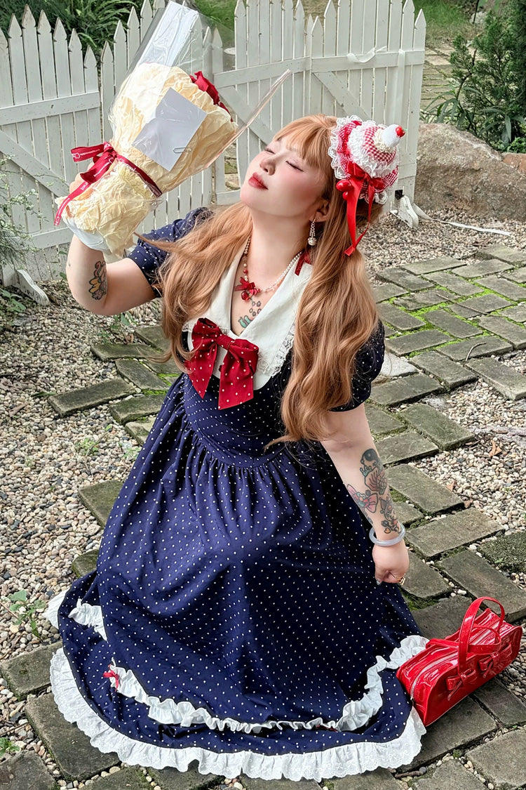 Blue V Collar Short Sleeves Polka Dot Printed Ruffled Bow Lace Classic Plus Size Preppy Style Lolita Dress - Product - 13