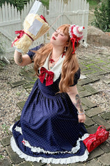Blue V Collar Short Sleeves Polka Dot Printed Ruffled Bow Lace Classic Plus Size Preppy Style Lolita Dress - Product - 13