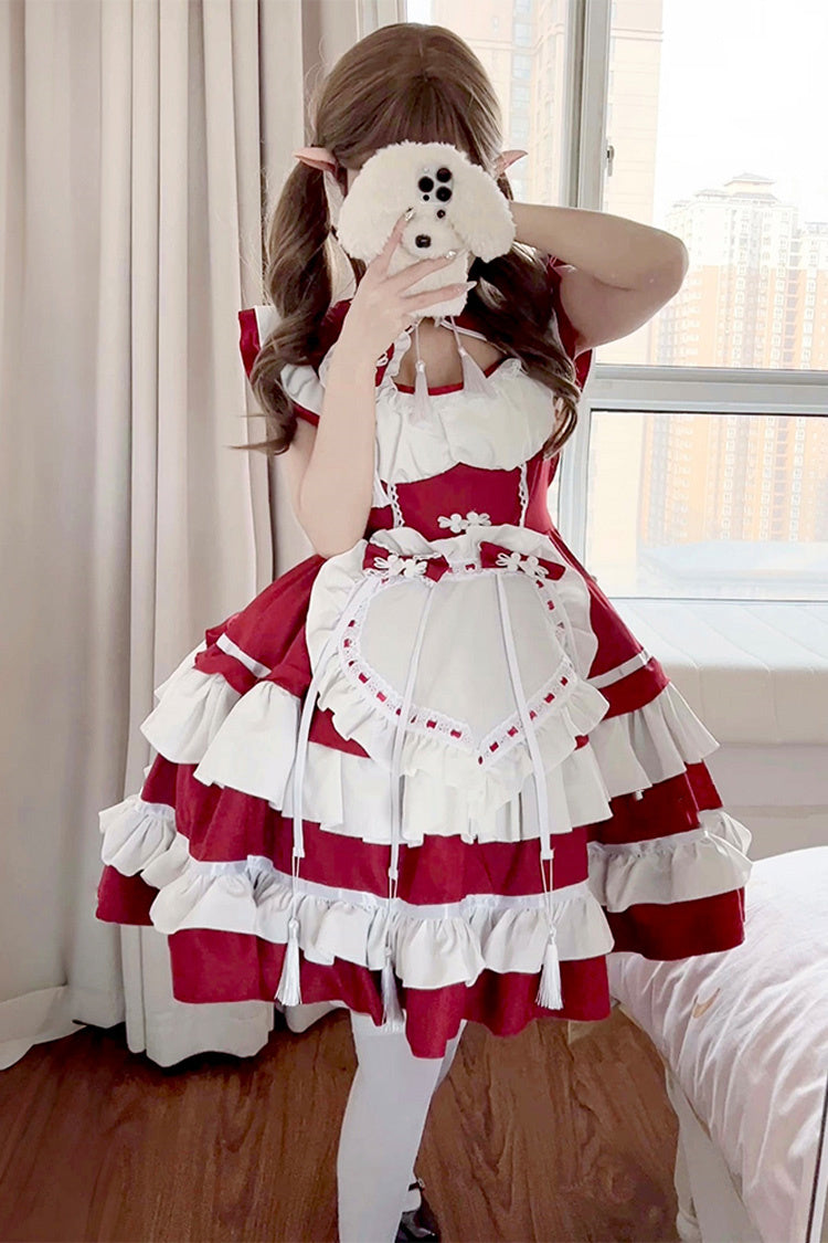 Red/White Love Double-Layered Ruffle Bowknot Sweet Plus Size Chinese Style Lolita Dress Full Set - Product - 2