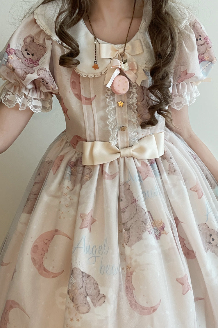 Star Wishing Bear Print Short Sleeves Bowknot Sweet (Dress Only) detail view 12