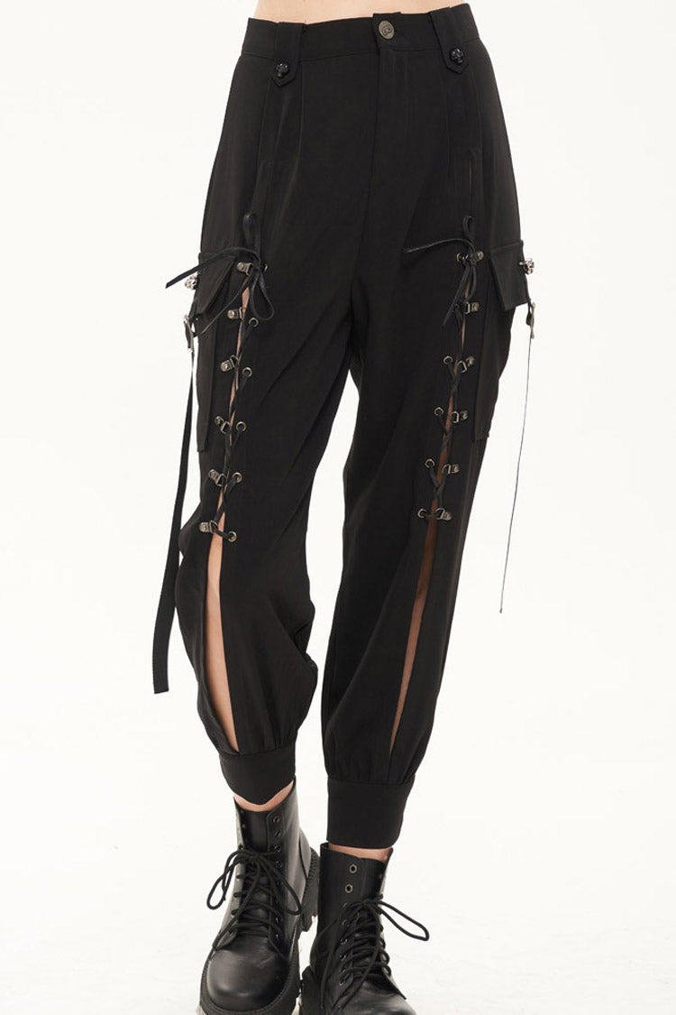 Black Punk Multi Pocket Skull Head Decoration Trouser Leg Opening Tie Women's Long Pants - Black - 1