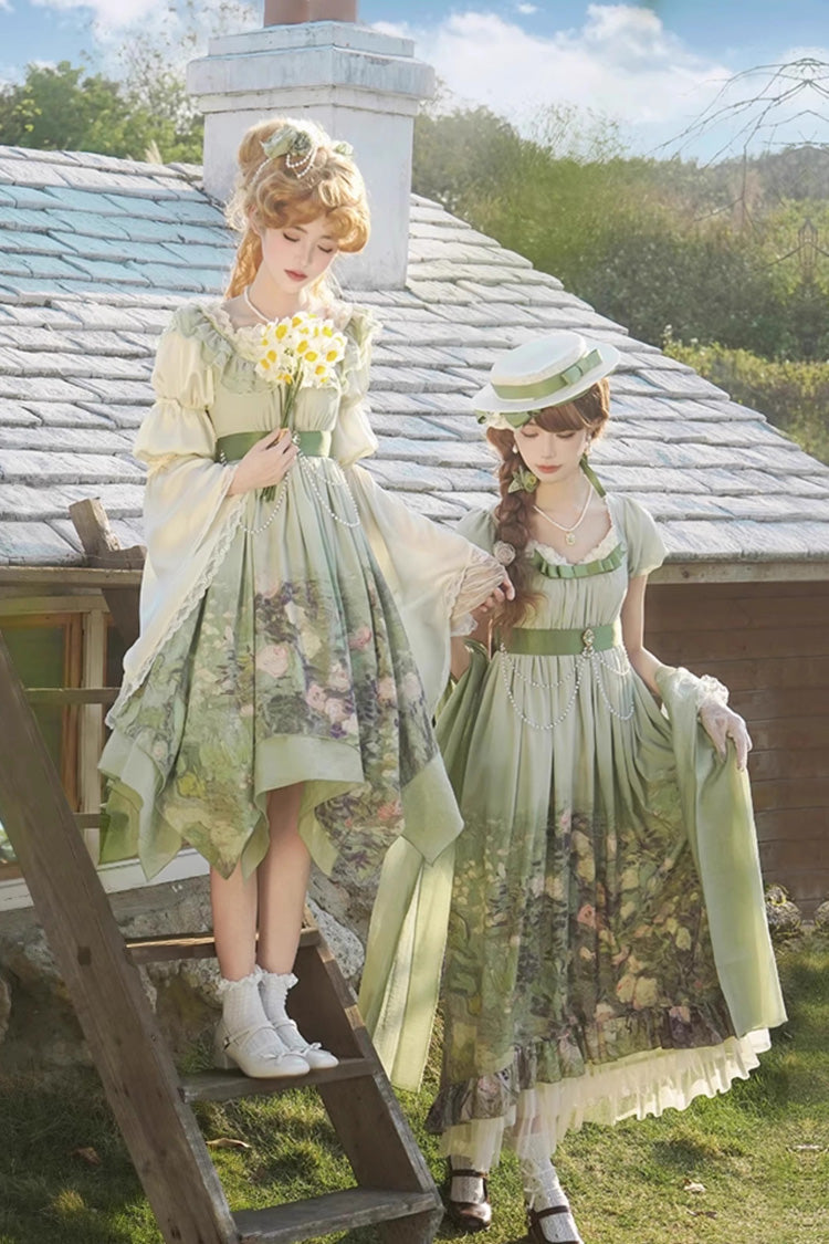 Green [Blooming Roses] Print Oil Painting Chiffon Short Sleeves Ruffle Bowknot Sweet Lolita Dress - Product - 9