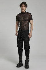 Stand Collar Short Sleeves Print Slim Mens Steampunk T-Shirt 2 Colors - Product - 11