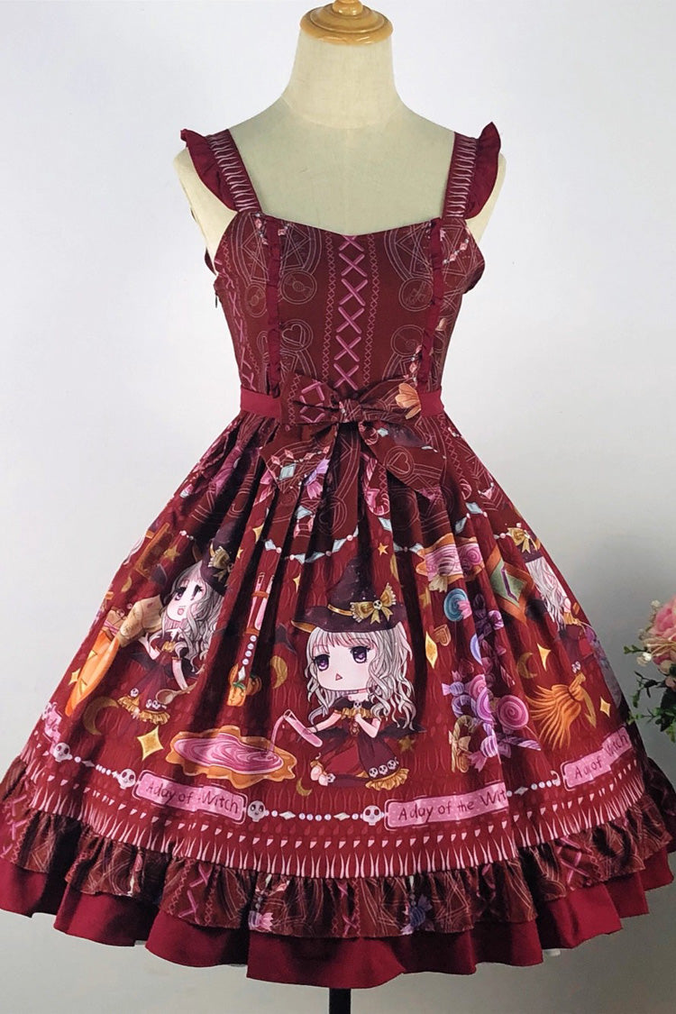 Red [Little Witch] Sleeveless Print Ruffle Bowknot Sweet Elegant Lolita Jsk Dress - Product - 3