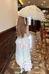 Pink/Green Summer Garden Ruffle Embroidery Bowknot Lace Sweet Lolita Jsk Long Dress - Product - 9