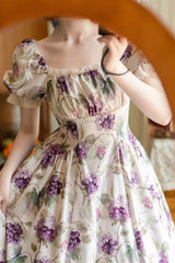 White [Basket of the Forest] Square Collar Short Sleeves Little Grape Printed Ruffled Classic Elegant Lolita Dress - Product - 5
